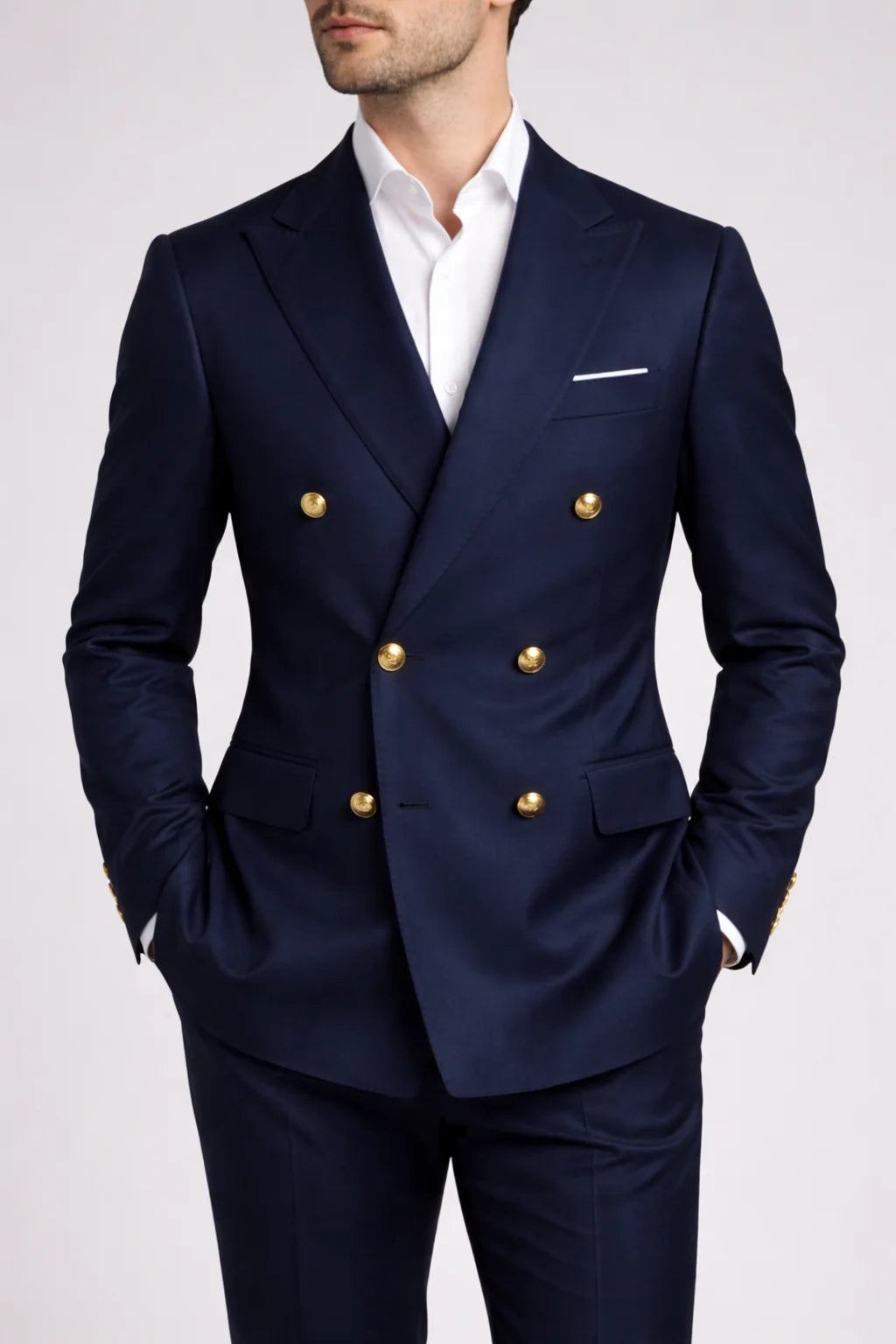 Timeless Navy Blue Blazer with Gold Buttons – Harding Manor