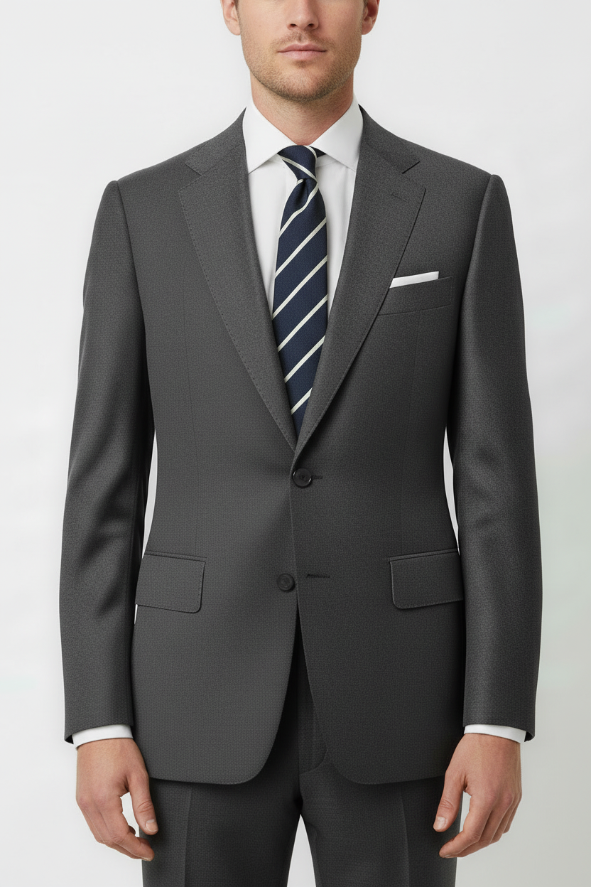 Grey microfiber suit, single breasted, peak lapel, white pocket square, pick stitching.